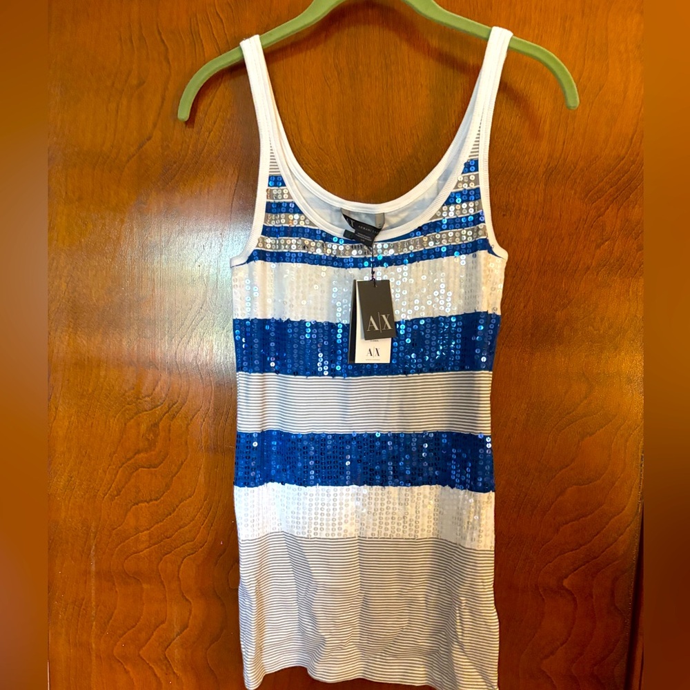 Armani Exchange Women's Blue and White Sequin Tank Top size L New With Tags